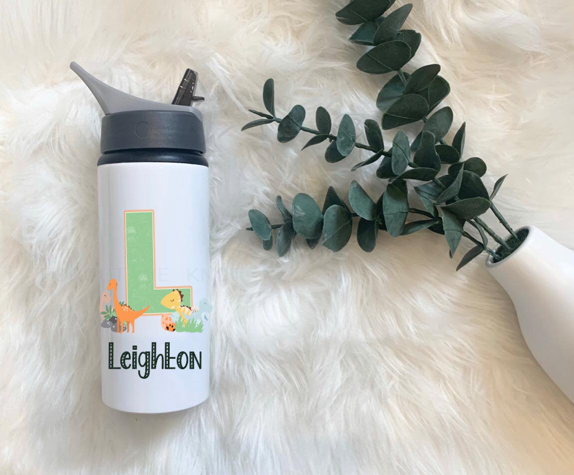 Personalised Dinosaur Water Bottle, Dinosaur Alphabet Water Bottles For Girls And Boys, Drinks Bottle With Straw