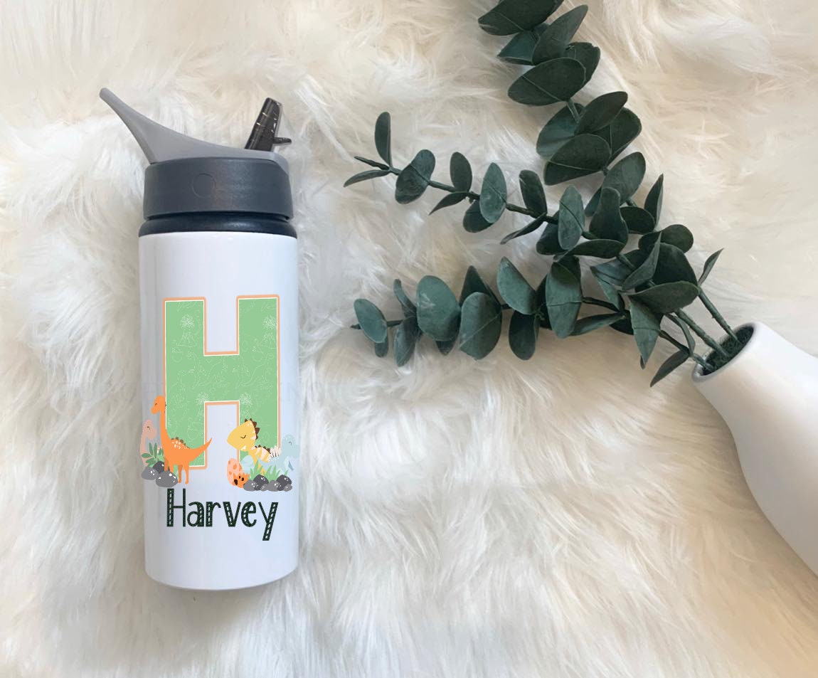 Personalised Dinosaur Water Bottle, Dinosaur Alphabet Water Bottles For Girls And Boys, Drinks Bottle With Straw