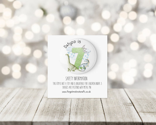 Welsh Birthday Card, Dino Birthday Card, Personalised Dino Birthday Card, Birthday Badge For Kids, Personalised Birthday Card