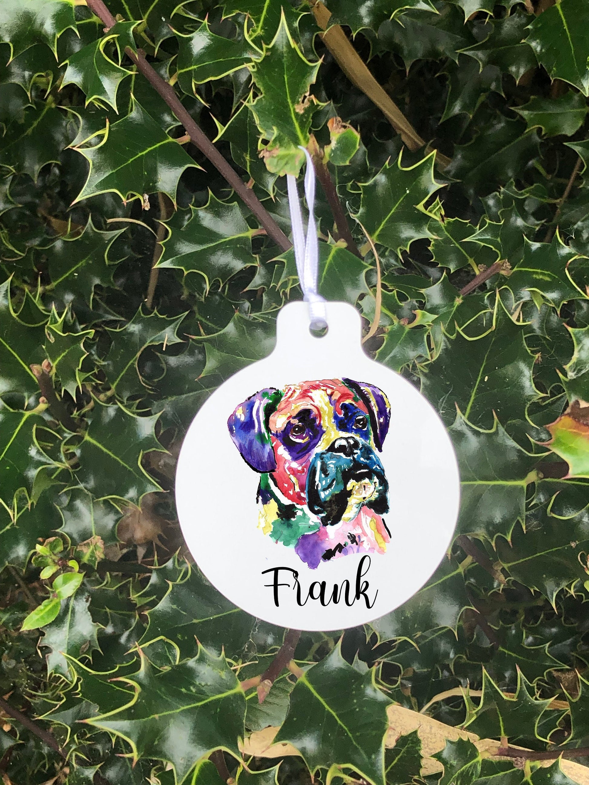 Dog Bauble, Personalised Boxer Dog Bauble, Dog Christmas Tree Decoration, Metal Lightweight Bauble