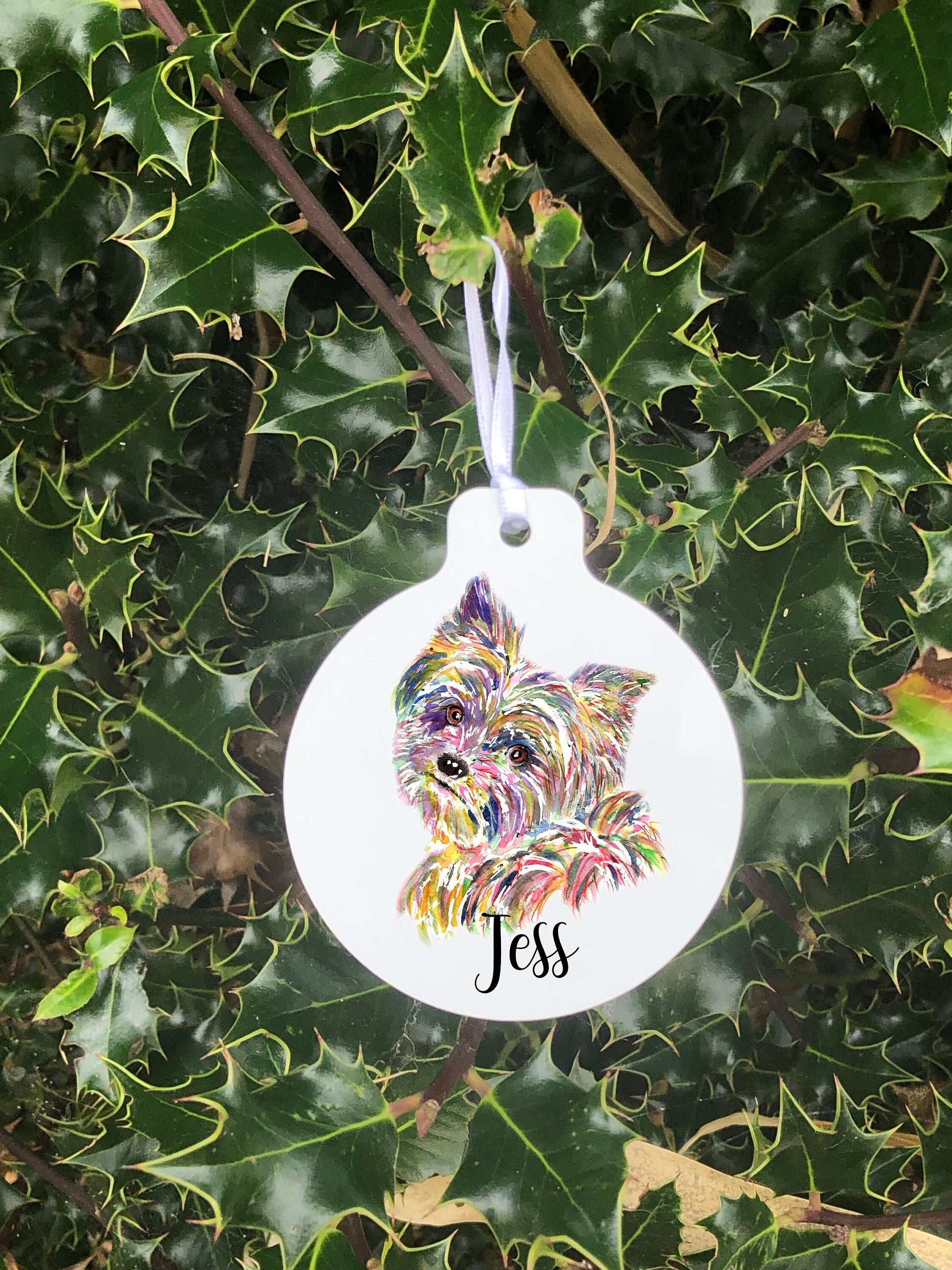 Dog Bauble, Personalised Yorkshire Terrier Dog Bauble, Dog Christmas Tree Decoration, Metal Lightweight Bauble