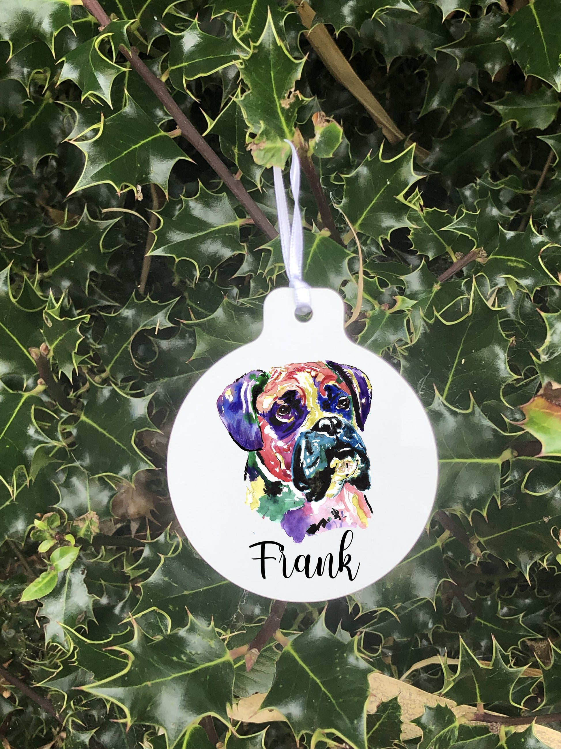 Dog Bauble, Personalised Boxer Dog Bauble, Dog Christmas Tree Decoration, Metal Lightweight Bauble