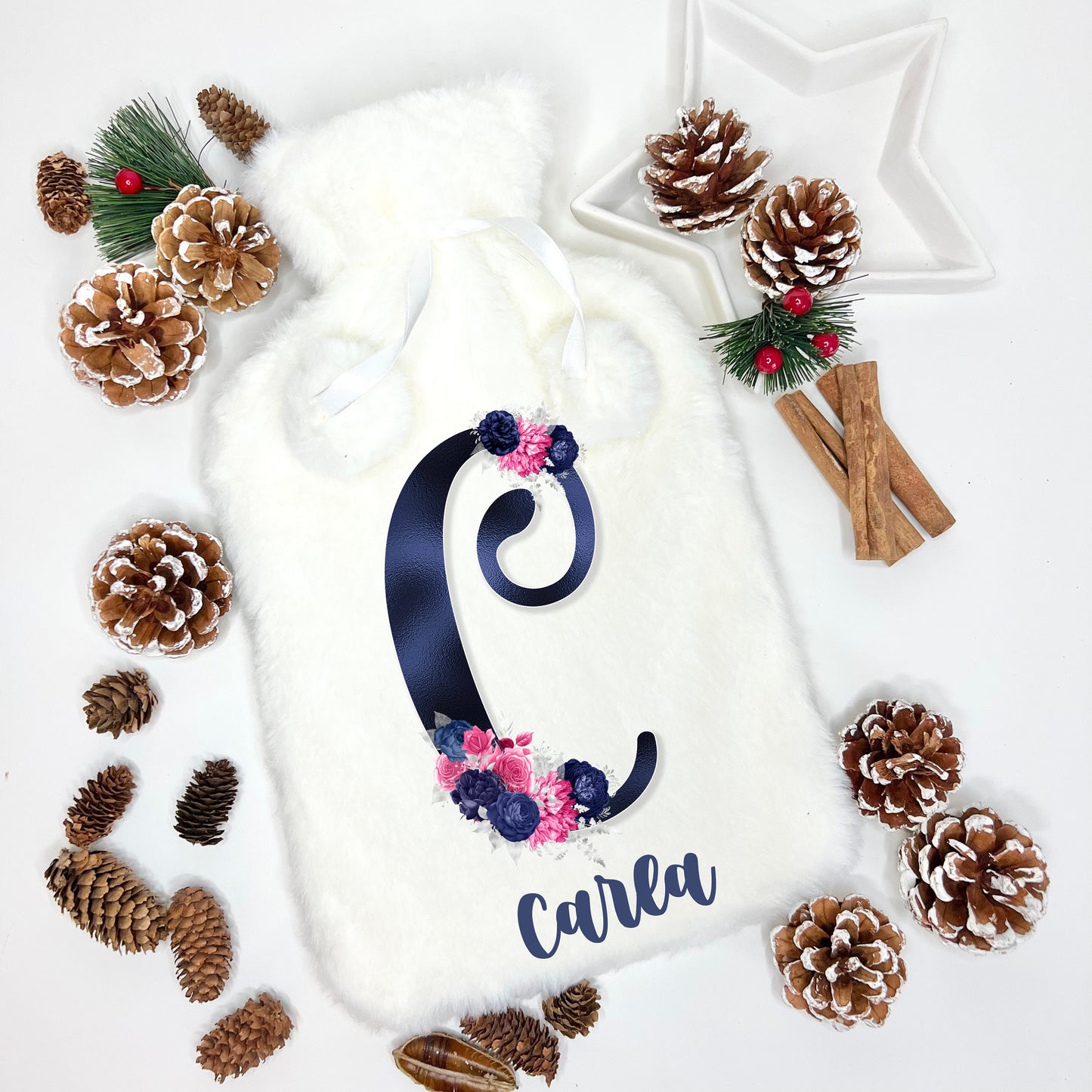 Hot Water Bottle, Fluffy Hot Water Bottle, Personalised Hot Water Bottle, Floral Letter Hot Water Bottle, Gift For Nanny, Gift For Mom