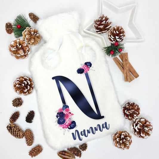 Nana Gift, Hot Water Bottle, Fluffy Hot Water Bottle, Personalised Hot Water Bottle, Floral Letter Hot Water Bottle, Nanny, Gift For Mom