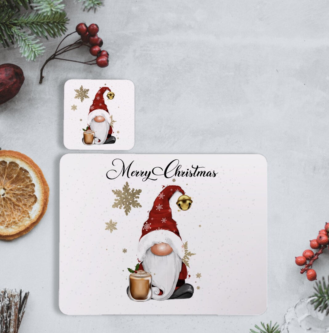Gonk Christmas Placemat and Coaster Set, Personalised Christmas Gnome Placemat, Christmas Gnome Placemat And Coaster