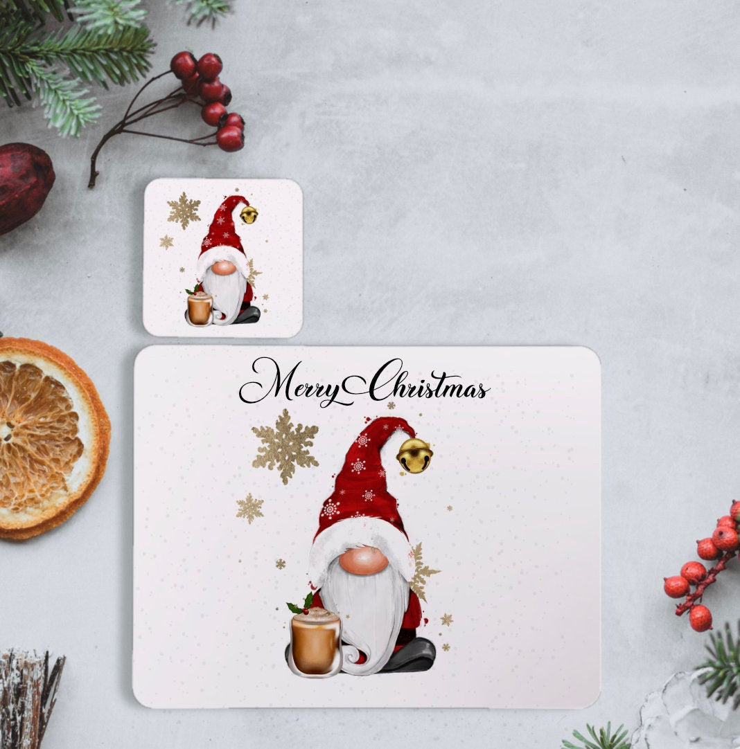 Gonk Christmas Placemat and Coaster Set, Personalised Christmas Gnome Placemat, Christmas Gnome Placemat And Coaster
