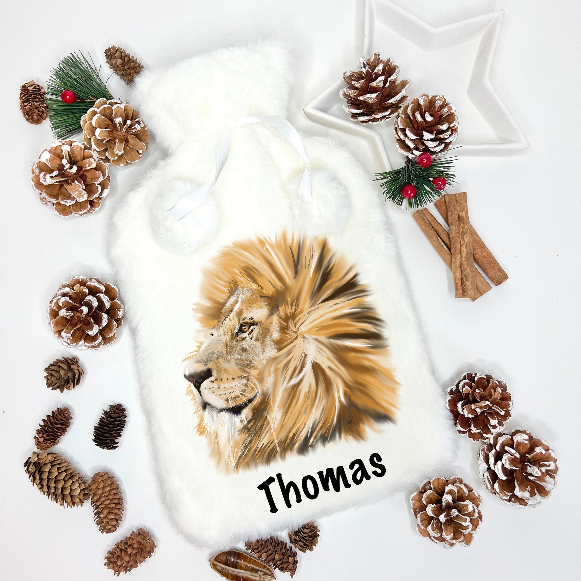 Personalised Hot Water Bottle, Lion Design Hot Water Bottle, Fluffy Hot Water Bottle, Deluxe Fluffy Cover