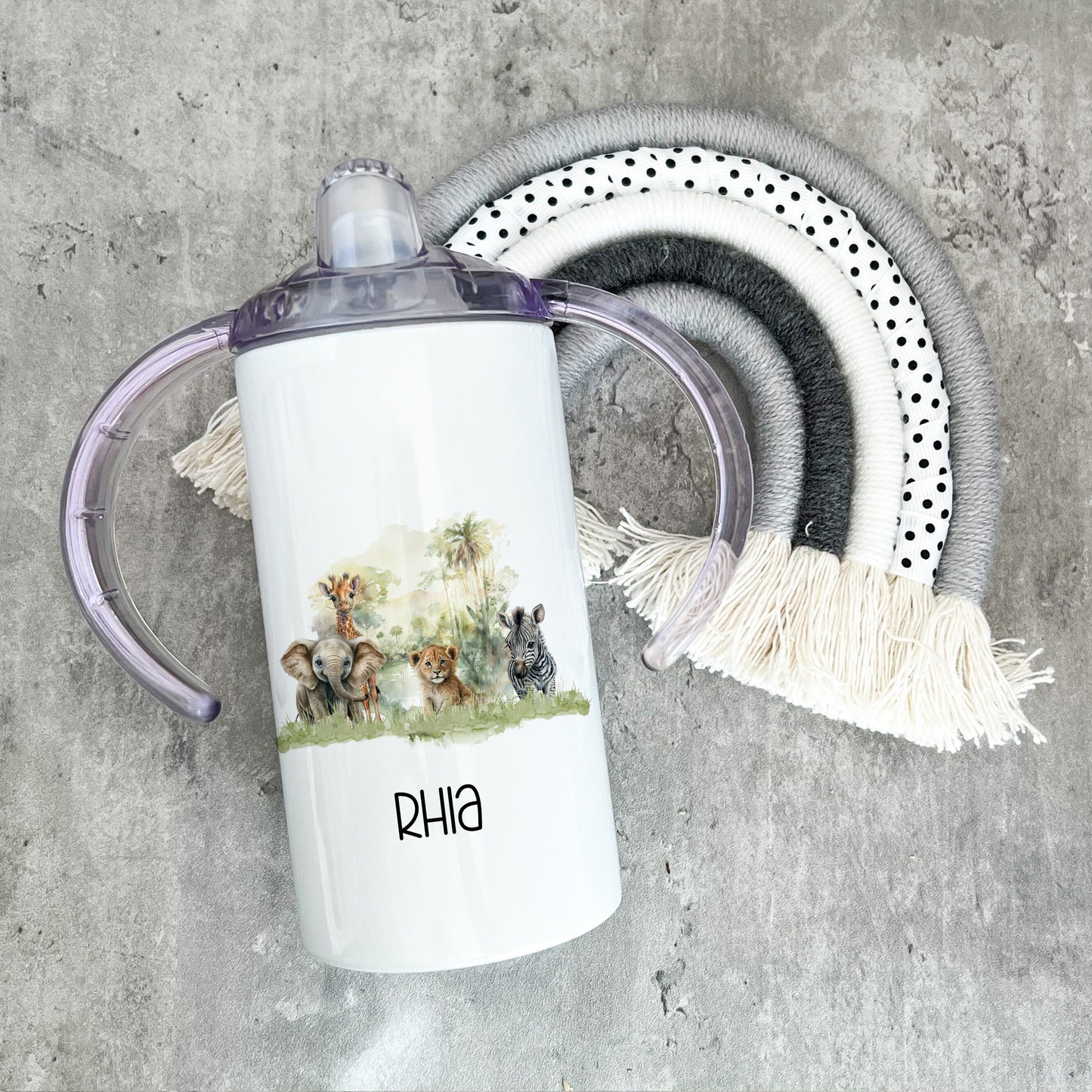Personalised Elephant Safari Sippy Cup, Kids Sippy Cup, Double Handled Beaker For Kids