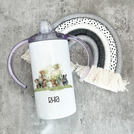 Personalised Safari Sippy Cup, Kids Sippy Cup, Double Handled Beaker For Kids