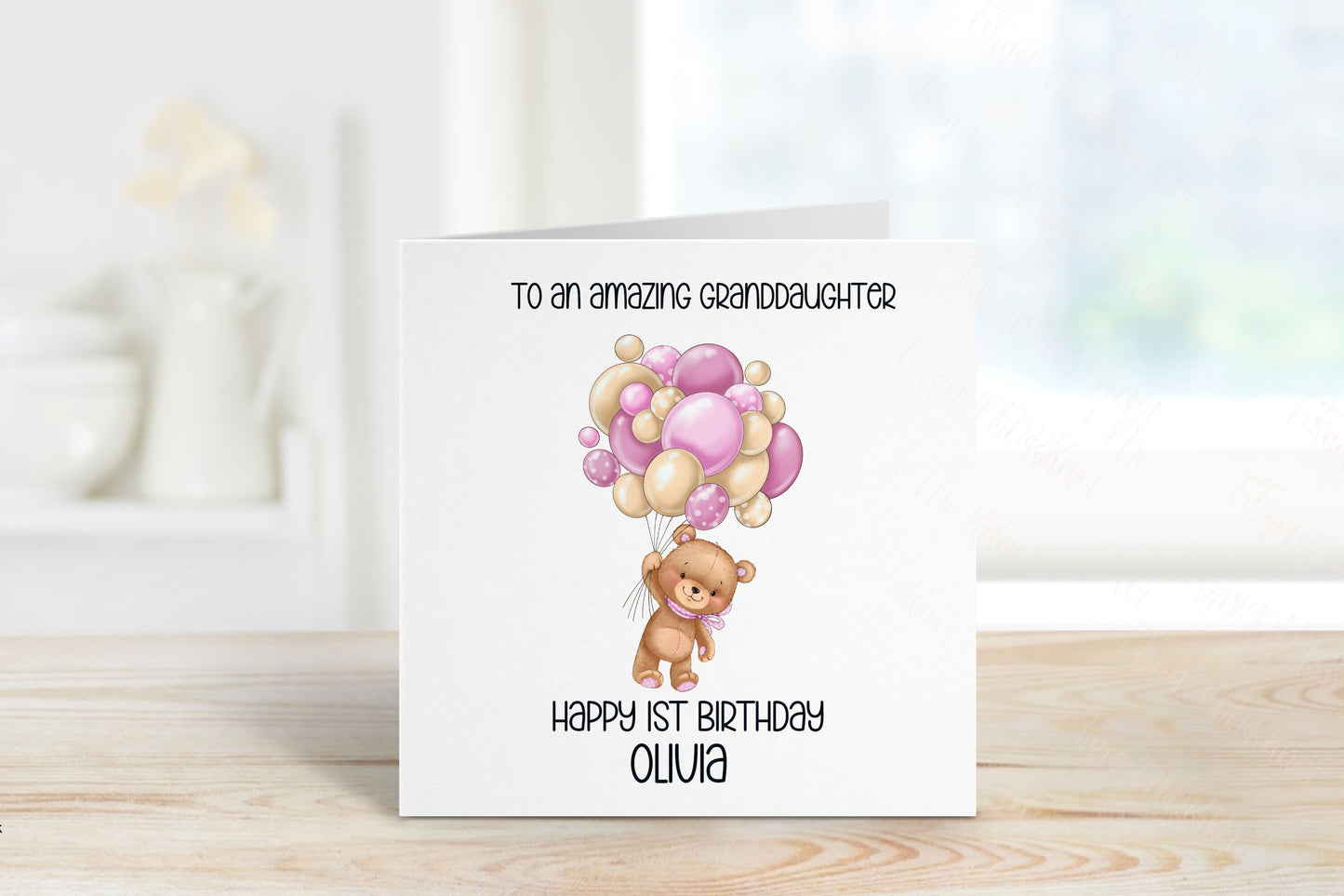 Personalised Great Granddaughter Birthday Card, Bear And Balloons Card, Any Age, 1st, 2nd, 3rd, 4th, Great Granddaughter 1st Birthday Card