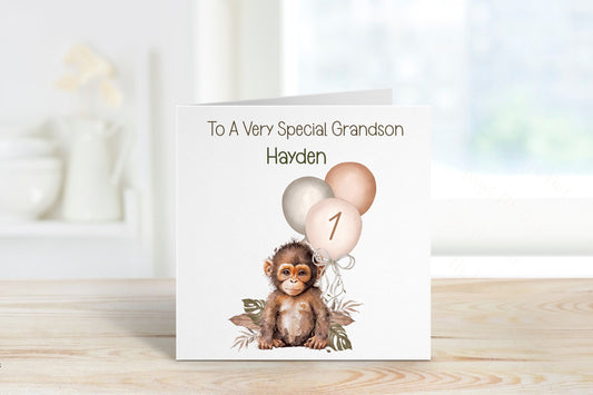 Personalised Grandson 1st Birthday Card, 1st Birthday Card For Girls Or Boys, Personalised Wild Birthday Safari Jungle Card, Monkey Card