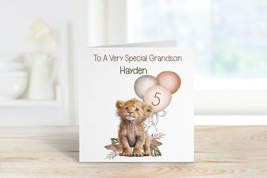 Personalised Grandson 5th Birthday Card, 5th Birthday Card For Girls Or Boys, Personalised Wild Birthday Safari Jungle Card, Elephant Card