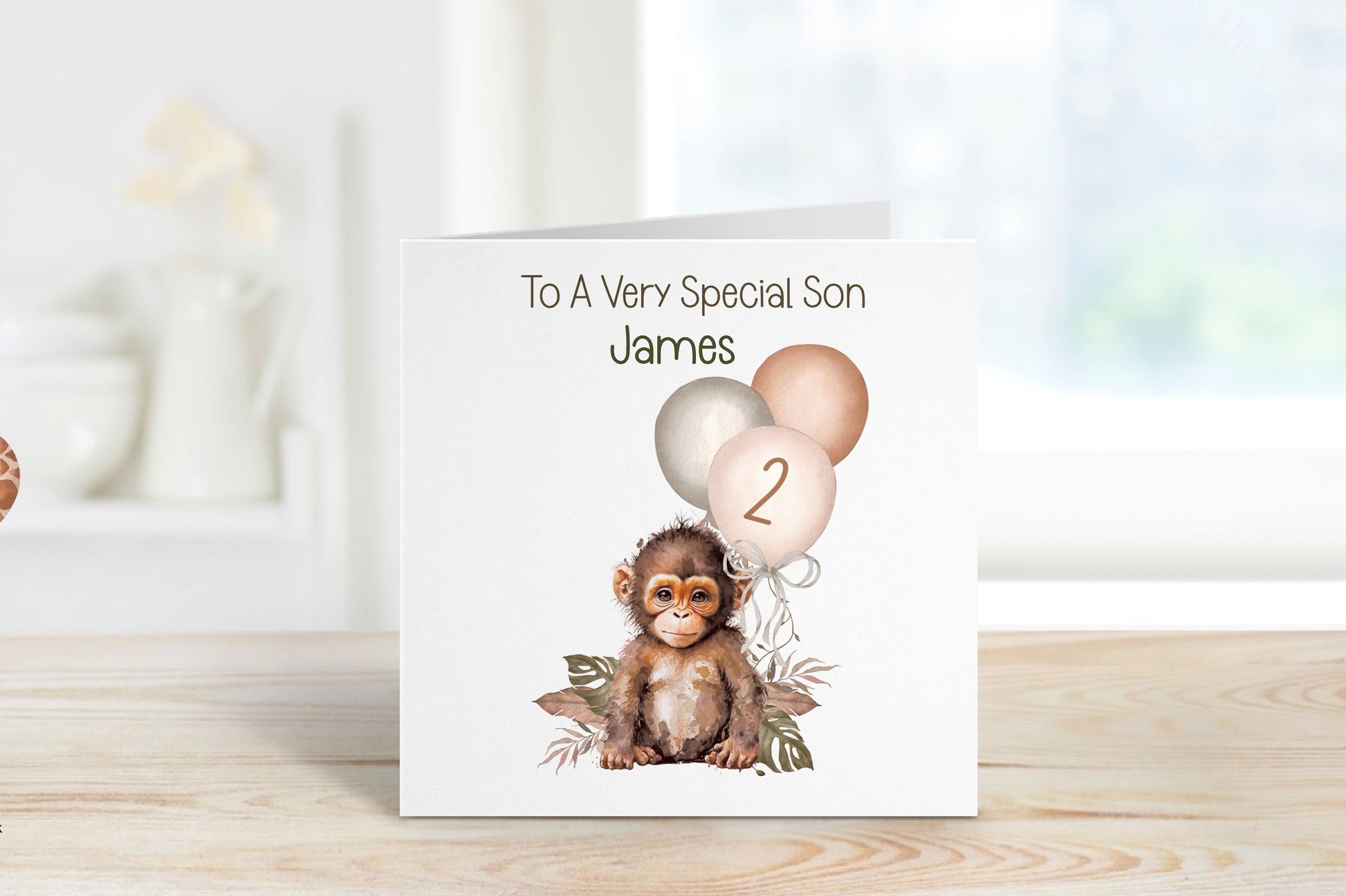 Personalised Son 2nd Birthday Card, 2nd Birthday Card For Girls Or Boys, Personalised Wild Birthday Safari Jungle Card, Monkey Card