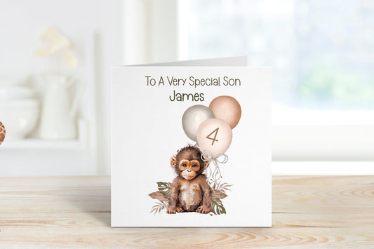 Personalised Son 4th Birthday Card, 4th Birthday Card For Girls Or Boys, Personalised Wild Birthday Safari Jungle Card, Monkey Card
