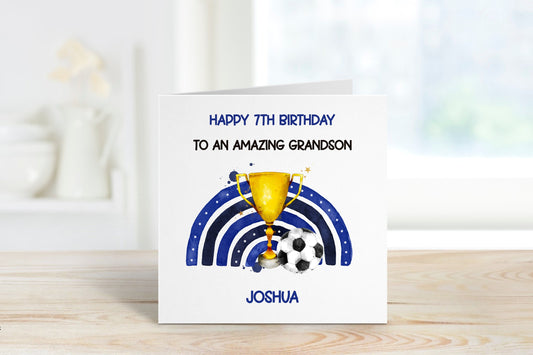 Personalised Grandson 7th Birthday Card, Football Rainbow 6th Birthday Card, Any Age, 1st, 2nd, 3rd, 4th, Grandson Birthday Card