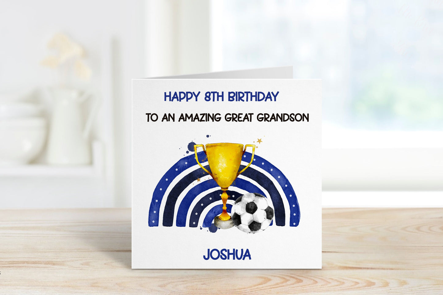 Personalised Great Grandson 8th Birthday Card, Football Rainbow 8th Birthday Card, Any Age, 1st, 2nd, 3rd, 4th, Great Grandson Birthday Card