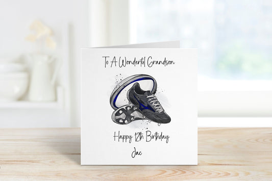 Grandson Rugby Birthday Card, Personalised Rugby Birthday Crd For Grandson, Any Age Birthday Card For Grandson, 1,2,3,4,5,6,7,8,9,10