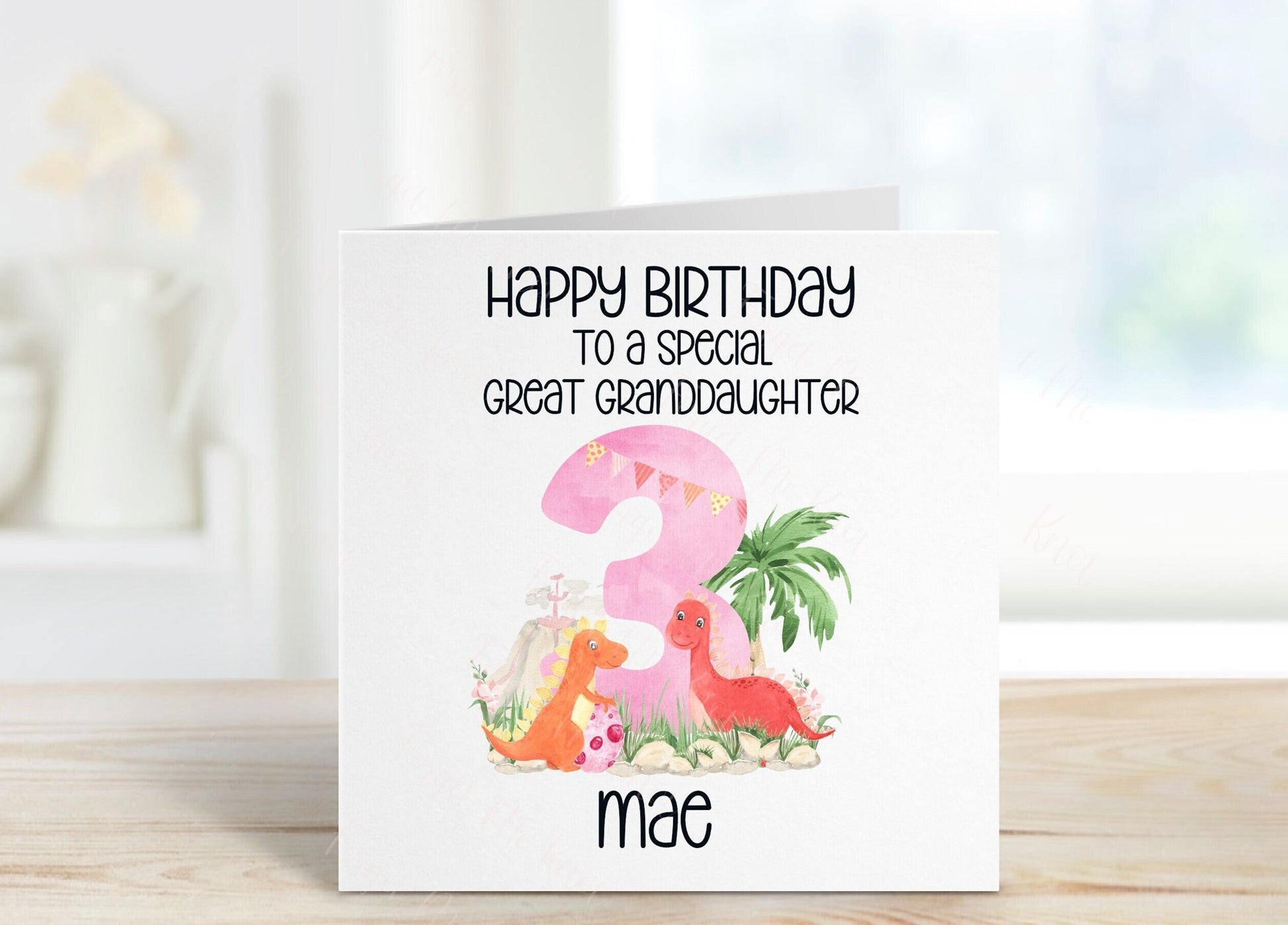 Personalised Great Granddaughter Birthday Card, Dino Theme Birthday Card, Any Age, 1st, 2nd, 3rd, 4th, 5th, 6th Birthday Card
