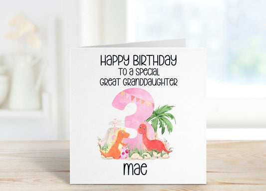 Personalised Great Granddaughter Birthday Card, Dino Theme Birthday Card, Any Age, 1st, 2nd, 3rd, 4th, 5th, 6th Birthday Card
