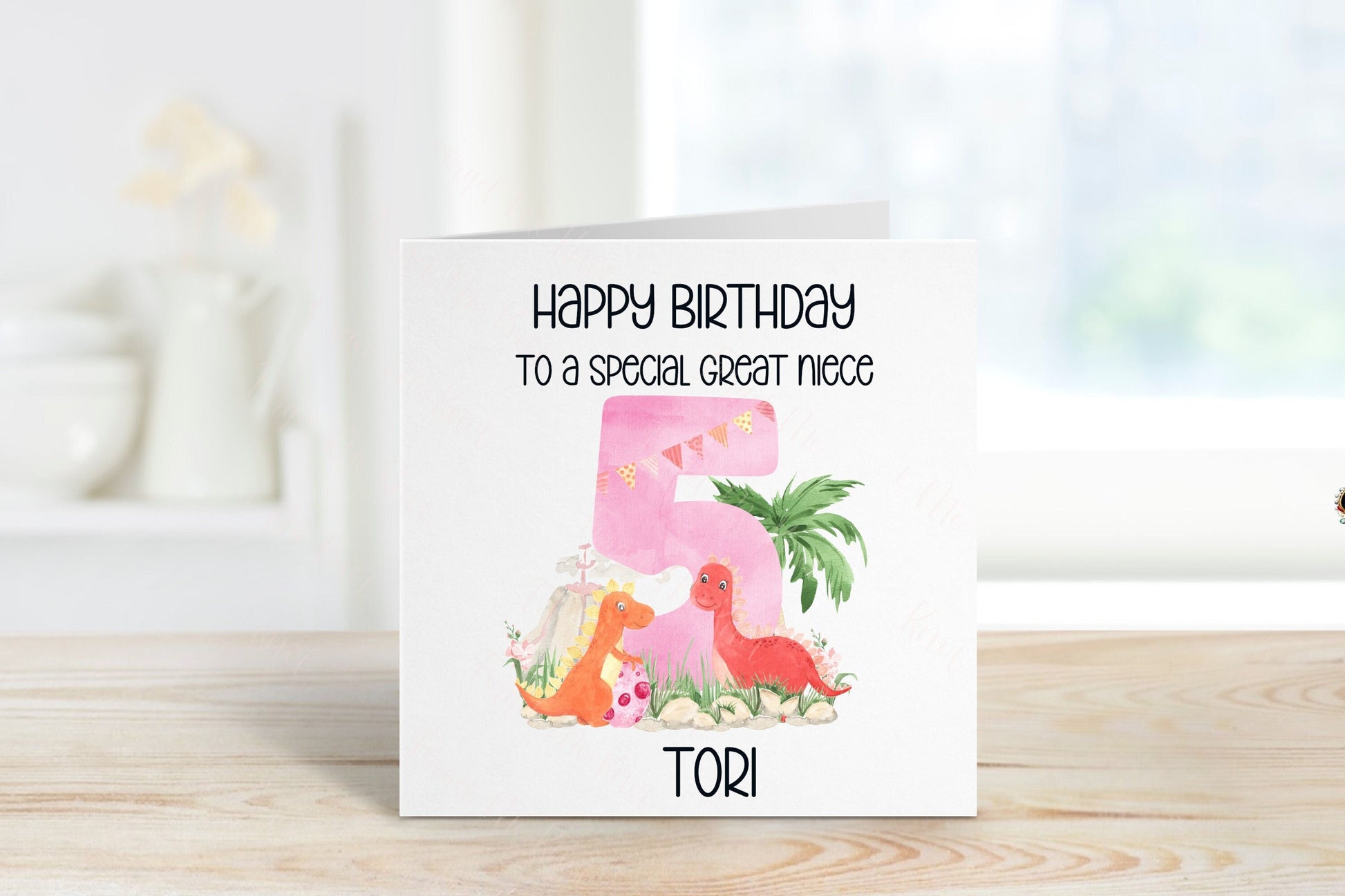 Personalised Great Niece Birthday Card, Dino Theme Birthday Card, Any Age, 1st, 2nd, 3rd, 4th, 5th, 6th Birthday Card For Great Niece