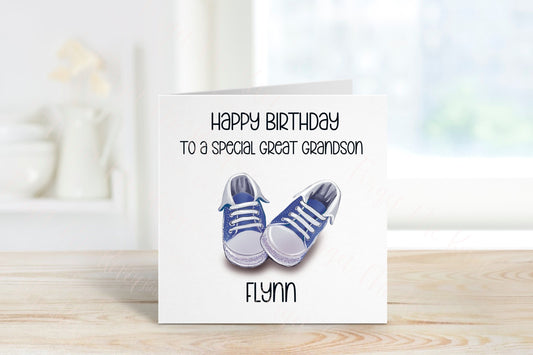 Personalised Great Grandson Birthday, Trainer Design Birthday Card, Any Age, 1st, 2nd, 3rd, 4th, 5th, 6th Great Grandson Birthday Card