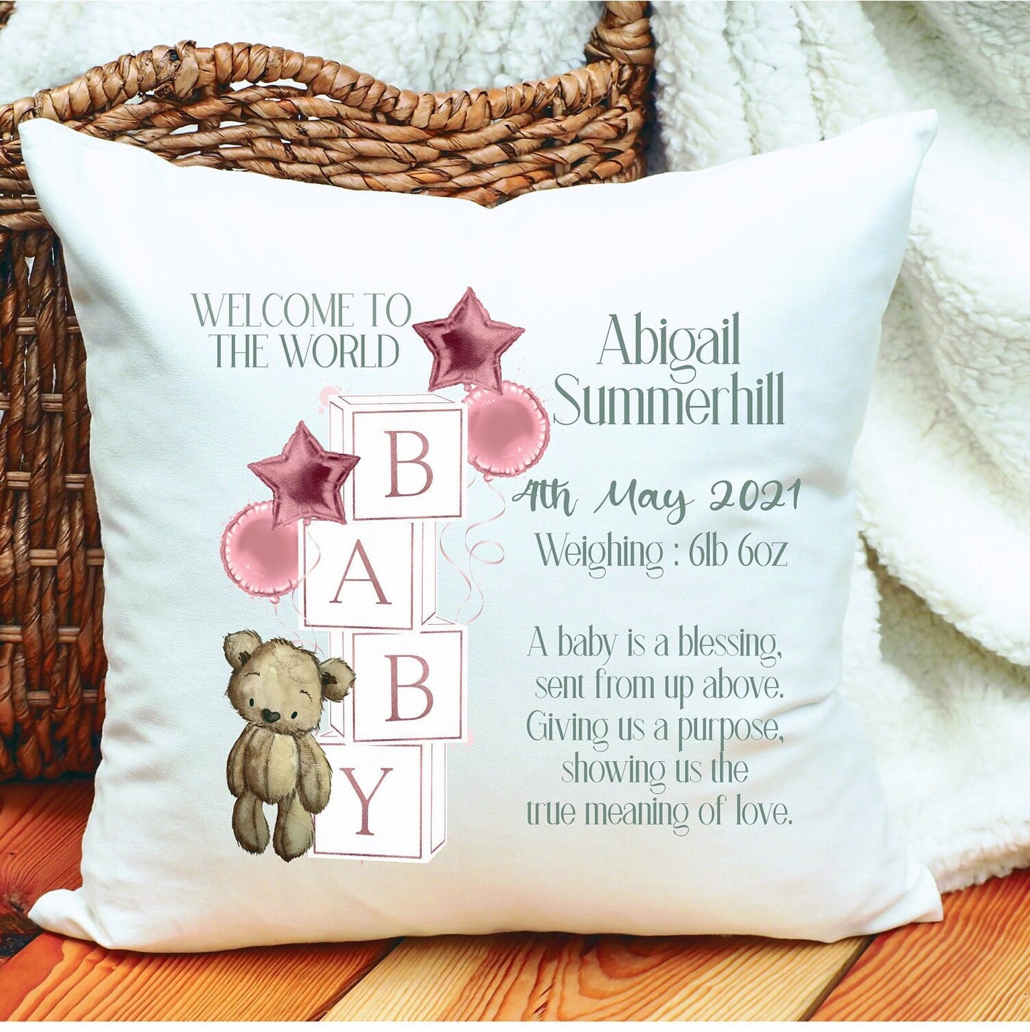 Personalised New Baby Teddy Cushion Gift, New Baby Personalised Gift, New Baby Teddy Block Cushion Gift