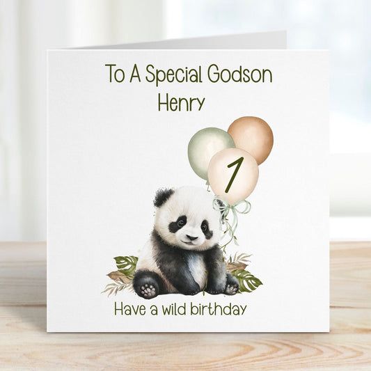 Godson 1st Birthday Card, 1st Birthday Card For Godson, Personalised Godson 1st Birthday Card, Safari Panda Design