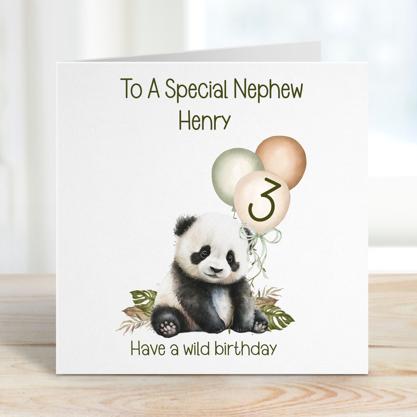 Nephew 3rd Birthday Card, 3rd Birthday Card For Nephew 3rd , Personalised Nephew 3rd Birthday Card, Safari Panda Design