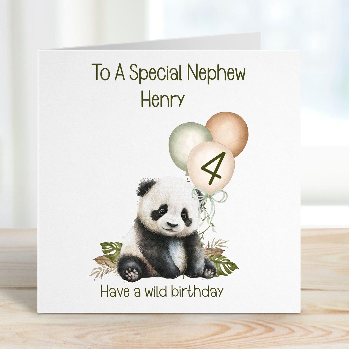 Nephew 4th Birthday Card, 4th Birthday Card For Nephew, Personalised Nephew 4th Birthday Card, Safari Panda Design