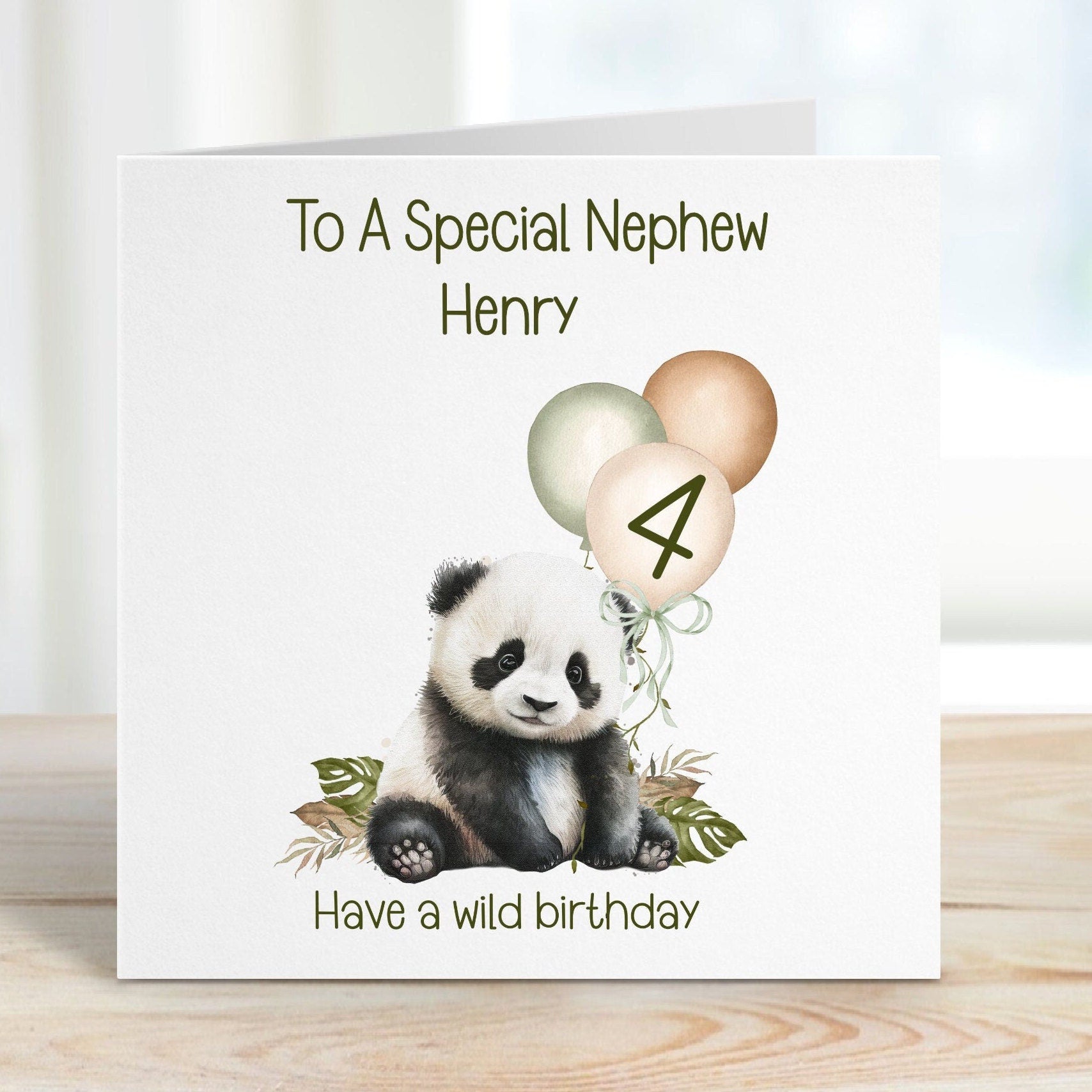 Nephew 4th Birthday Card, 4th Birthday Card For Nephew, Personalised Nephew 4th Birthday Card, Safari Panda Design