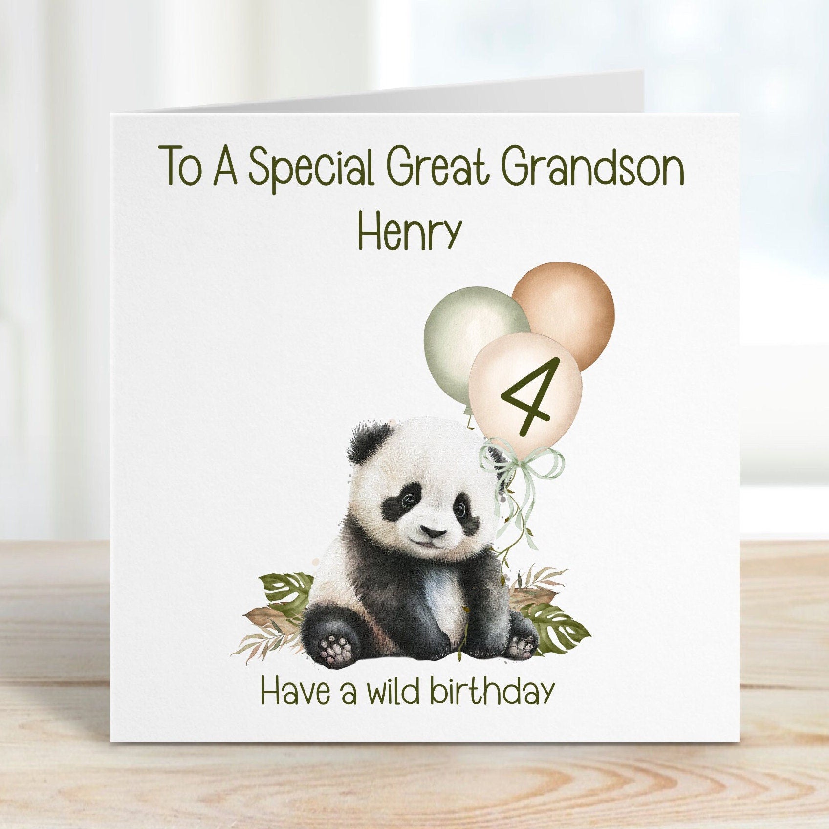 Great Grandson 4th Birthday Card, 4th Birthday Card For Great Grandson, Personalised Great Grandson 4th Birthday Card, Safari Panda Design