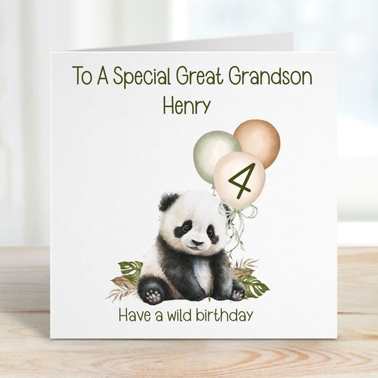 Great Grandson 4th Birthday Card, 4th Birthday Card For Great Grandson, Personalised Great Grandson 4th Birthday Card, Safari Panda Design