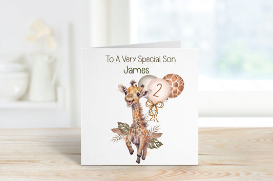 Personalised Son 2nd Birthday Card, 2nd Birthday Card For Girls Or Boys, Personalised Wild Birthday Safari Jungle Card, Giraffe Card