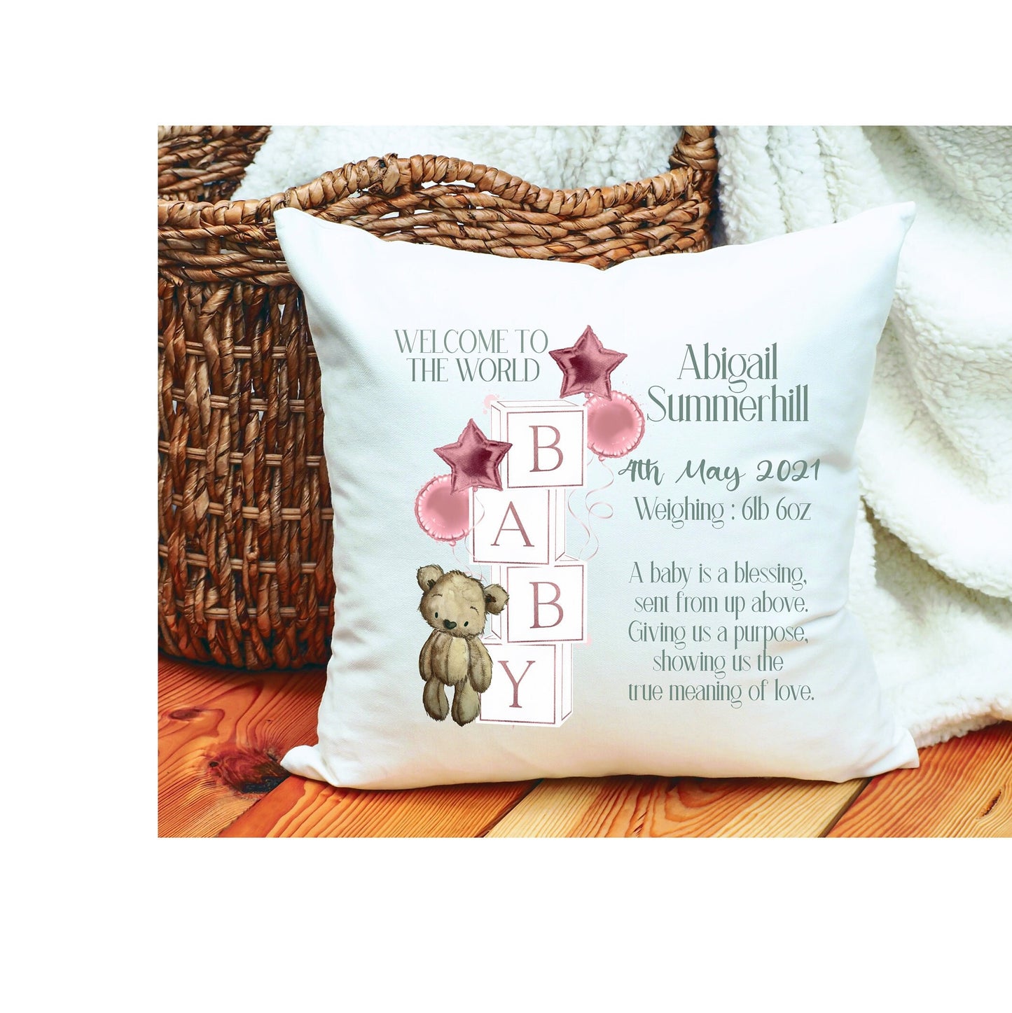 Personalised New Baby Teddy Cushion Gift, New Baby Personalised Gift, New Baby Teddy Block Cushion Gift