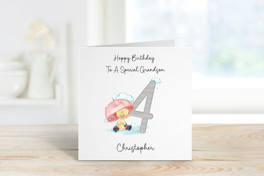 Grandson 4th Birthday Card, 4th Birthday Card For Grandson, Personalised Grandson 4th Birthday Card, Splashy Duck Card