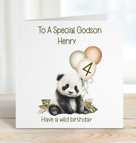 Godson 4th Birthday Card, 4th Birthday Card For Godson, Personalised Godson 4th Birthday Card, Safari Panda Design