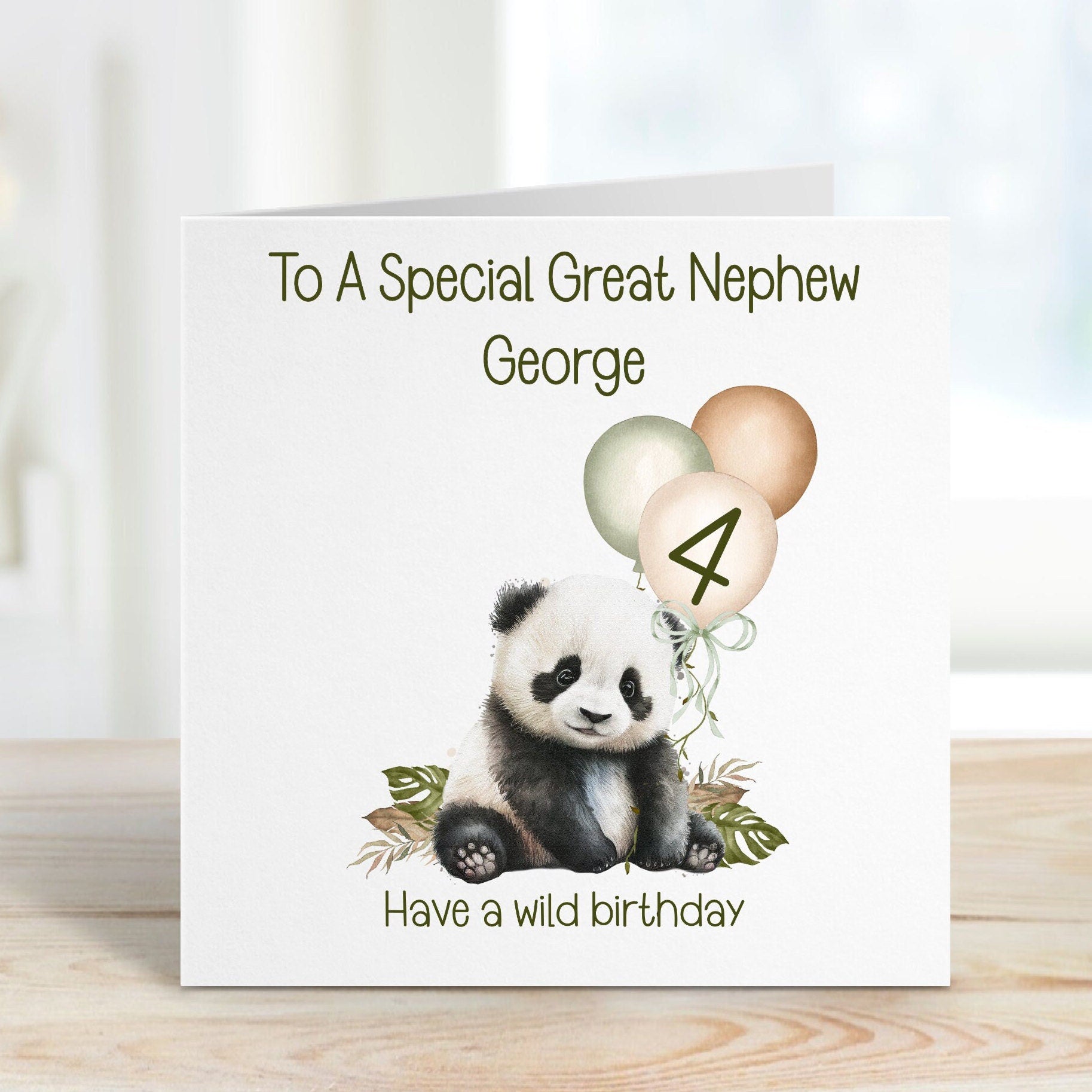 Great Grandson 4th Birthday Card, 4th Birthday Card For Great Grandson, Personalised Great Grandson 4th Birthday Card, Safari Panda Design