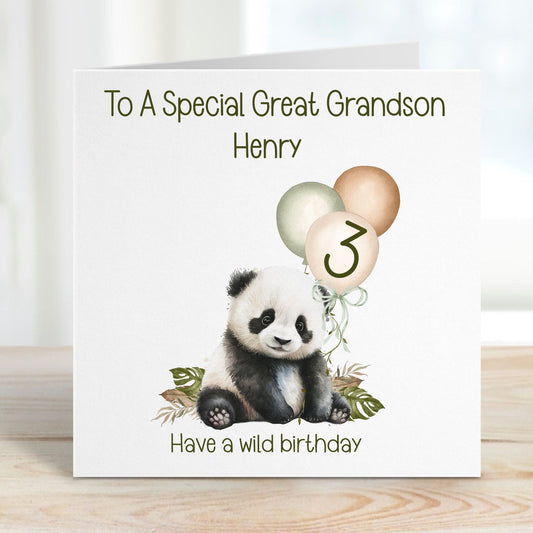 Great Grandson 3rd Birthday Card, 3rd Birthday Card For Great Grandson 3rd , Personalised Great Grandson 3rd Birthday, Safari Panda Design