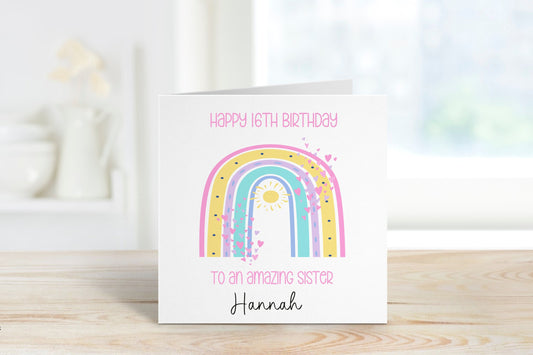 Sister 16th Birthday Card, Personalised 16th Birthday Card For Her, Any Age, 1st, 2nd, 3rd, 4th, Great Niece Birthday Card, Rainbow Card