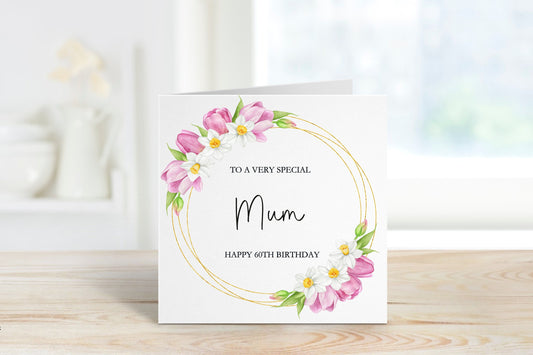 Mum Birthday Card, Personalised Mum Birthday Card For Her, Birthday Card For Mum, Flower Wreath Card, ANY AGE CARD, 50th, 60th, 70th, 80th
