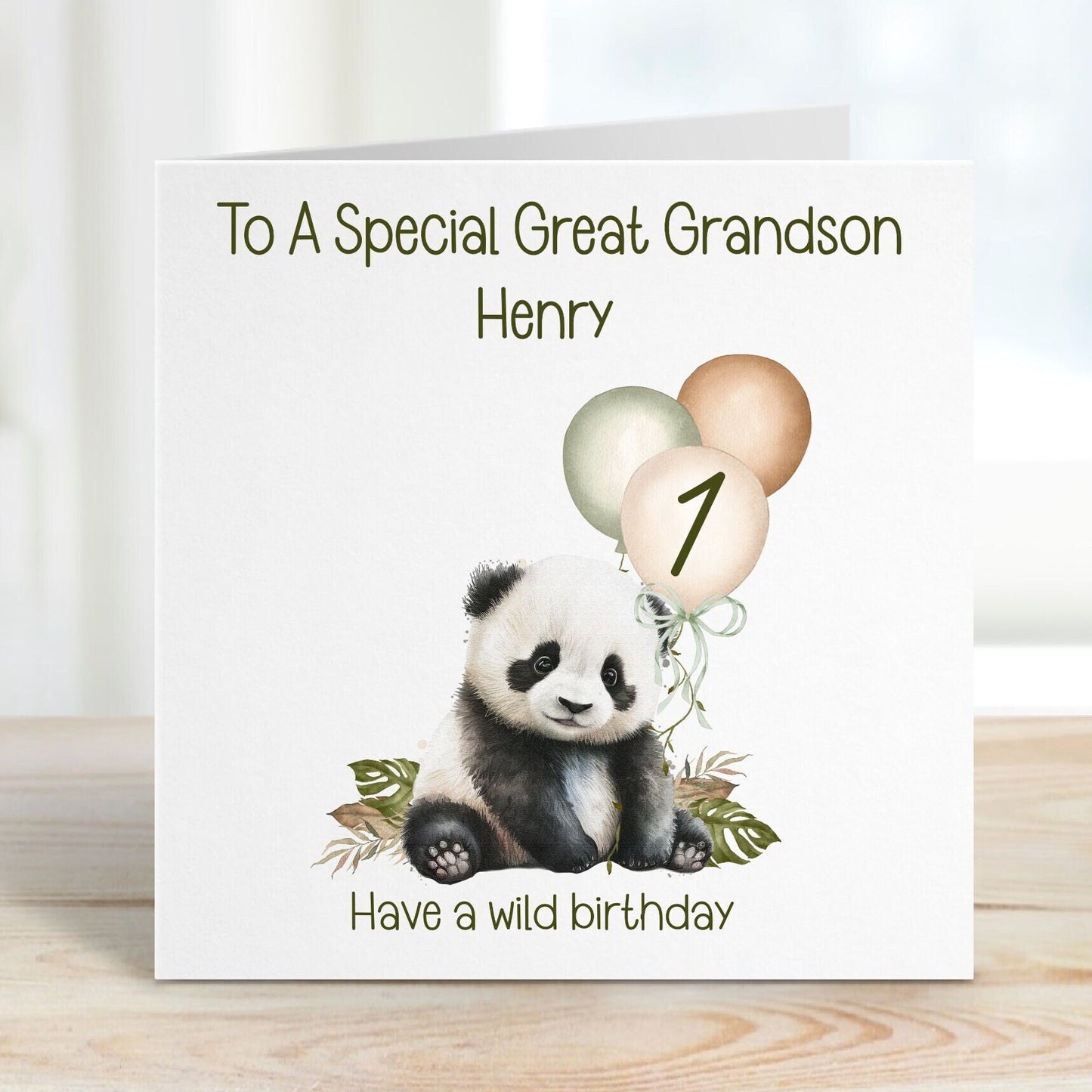 Great Grandson 1st Birthday Card, 1st Birthday Card For Great Grandson, Personalised Great Grandson 1st Birthday Card, Safari Panda Design
