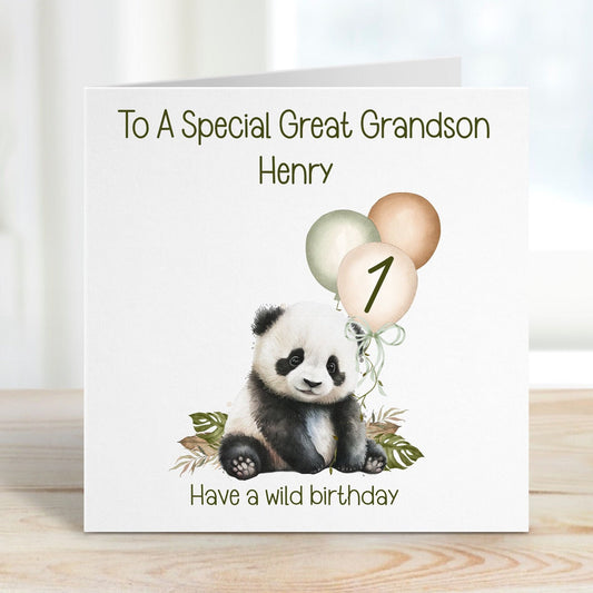 Great Grandson 1st Birthday Card, 1st Birthday Card For Great Grandson, Personalised Great Grandson 1st Birthday Card, Safari Panda Design