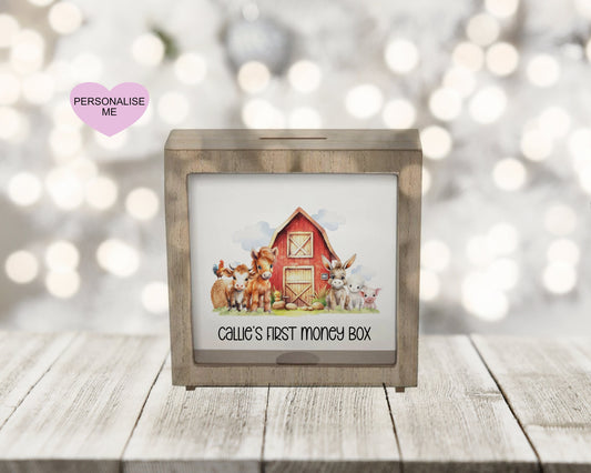 My First Money Box, Personalised Farmyard Money Box, Shadow Box Frame Money Box, Christening Gift, Birthday Gift For Grandchild