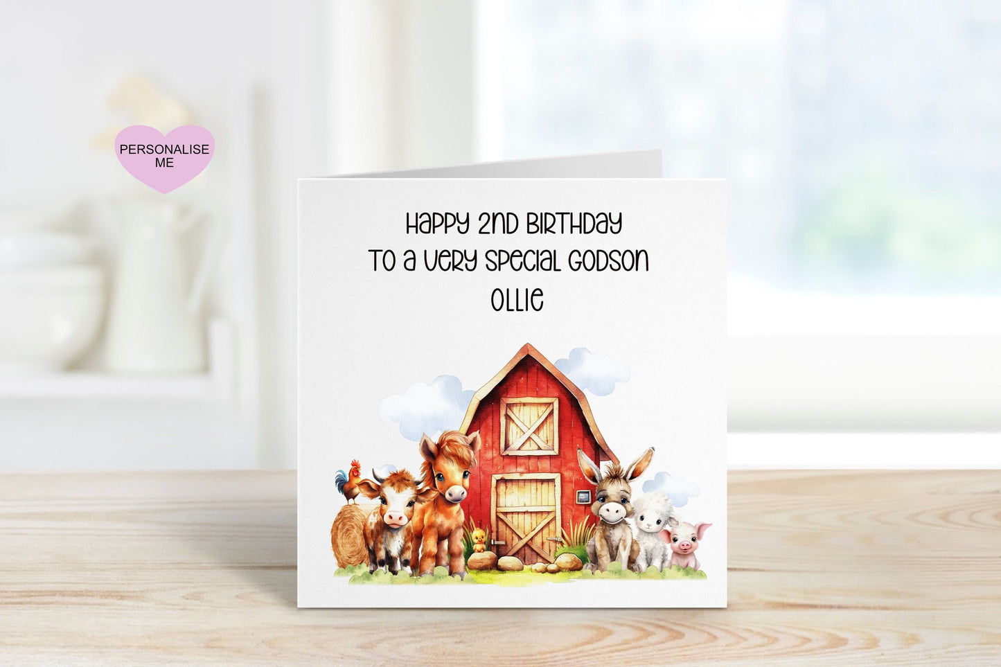 Godson 2nd Birthday Card, Birthday Card For Godson, Any Age Card, 1st, 2nd, 3rd, 4th, 5th, 6th, Personalised Farmyard Birthday Card