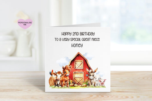 Great Niece 2nd Birthday Card, Birthday Card For Great Niece, Personalised Birthday Card, Farmyard Birthday Card, Any Age Card