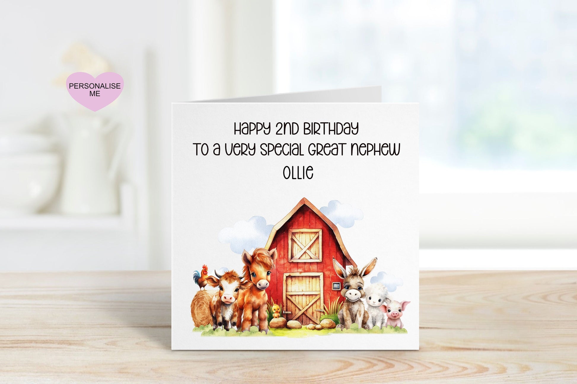 Great Nephew 2nd Birthday Card, Birthday Card For Great Nephew, Any Age Card, 1st, 2nd, 3rd, 4th, 5th, Personalised Farmyard Birthday Card