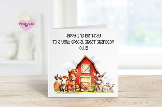 Great Grandson 2nd Birthday Card, Birthday Card For Grandson, Any Age Card, 1st, 2nd, 3rd, 4th, 5th, Personalised Farmyard Birthday Card