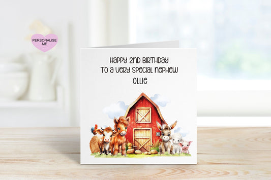 Nephew 2nd Birthday Card, Birthday Card For Nephew, Any Age Card, 1st, 2nd, 3rd, 4th, 5th, 6th, Personalised Farmyard Birthday Card