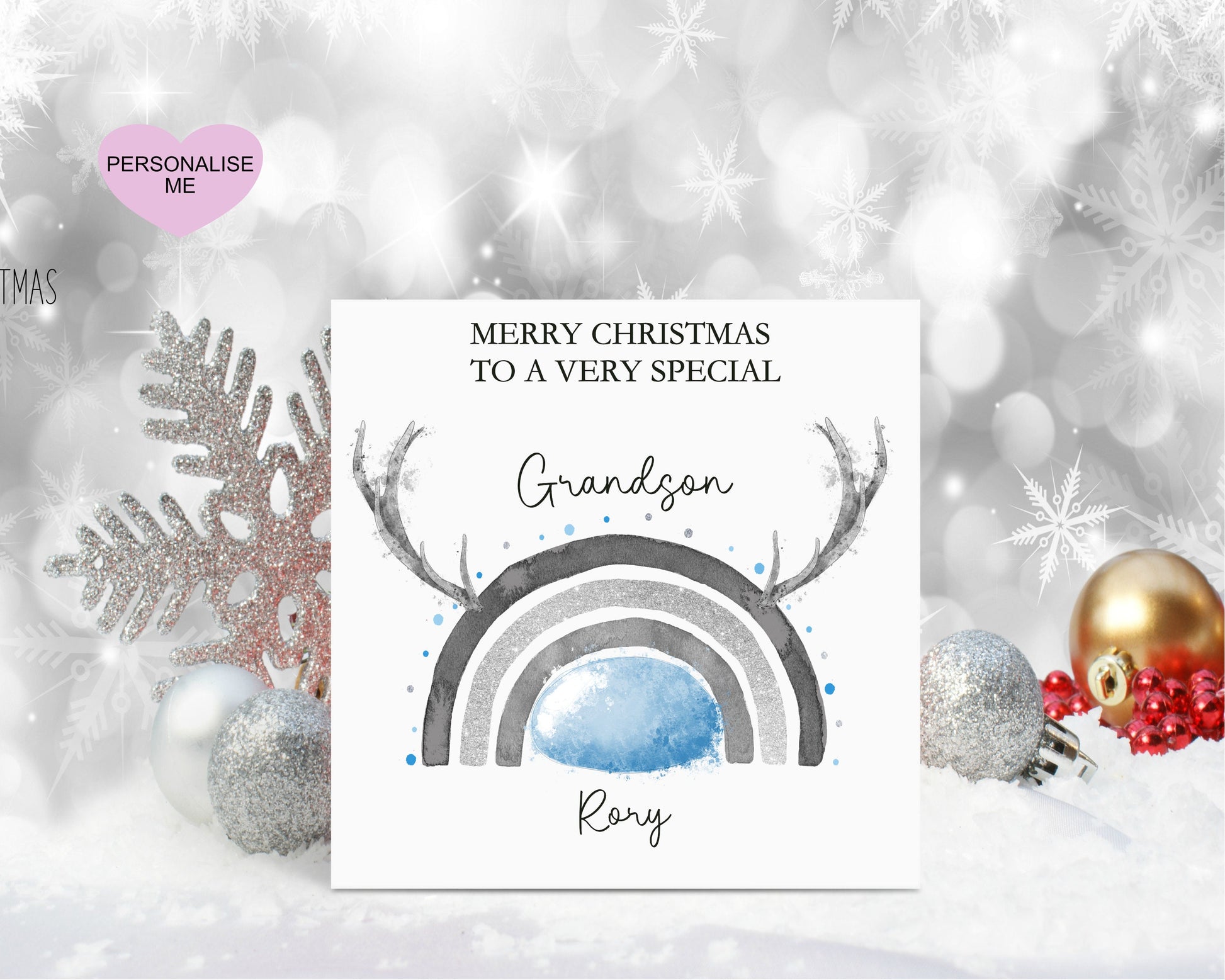 Great Grandson Christmas Card, Christmas Card For Great Grandson, Personalised Christmas Card, Reindeer Rainbow Christmas Card