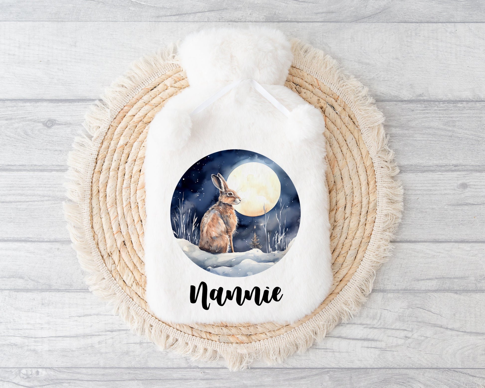 Christmas Gift For Nannie, Hot Water Bottle, Fluffy Hot Water Bottle, Personalised Hot Water Bottle, Winter Hare Hot Water Bottle